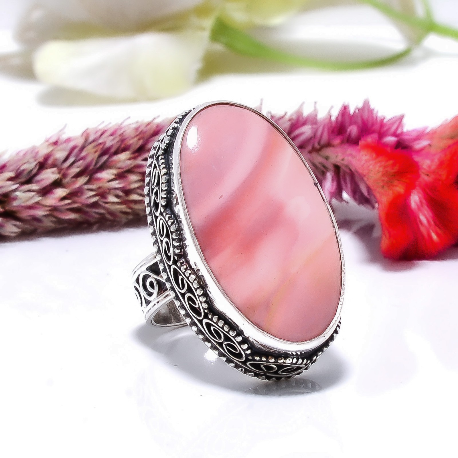 Pink Opal – Peru Fine Art Oxidised 925 Sterling Silver Ring S.6 R115331