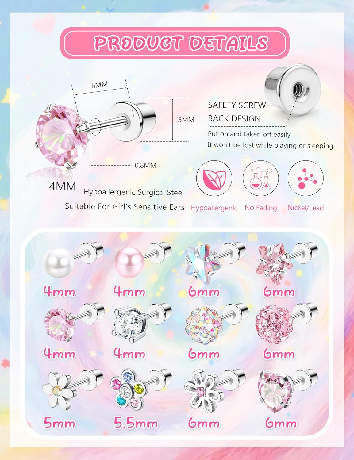 12 Pairs Hypoallergenic Screw Back Earrings for Women Girls Surgical Steel Cute