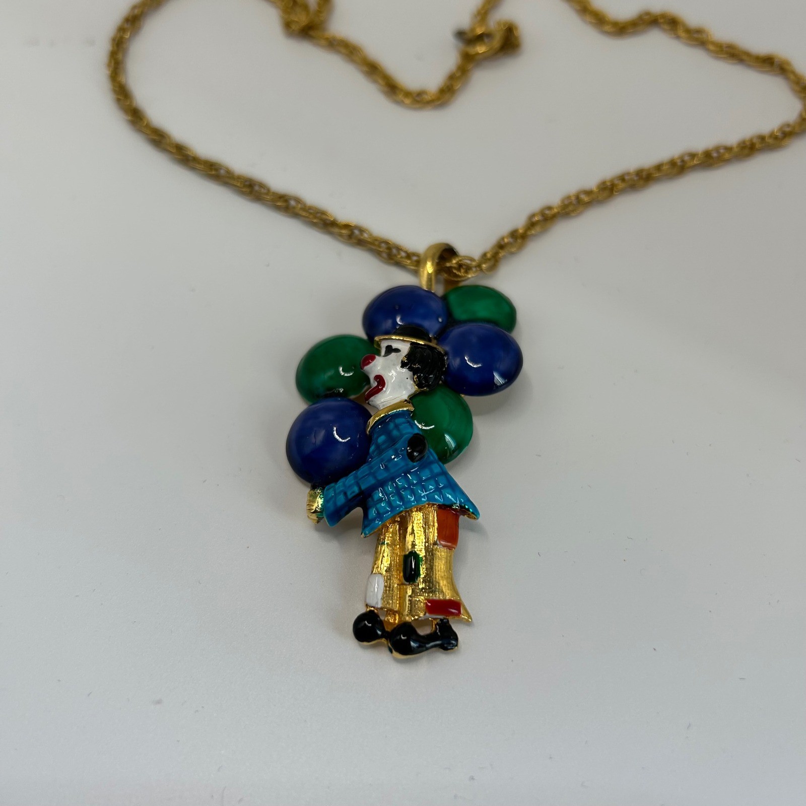 Vintage Enamel Clown Balloons Pendant Necklace Gold Tone Blue Red Green Circus