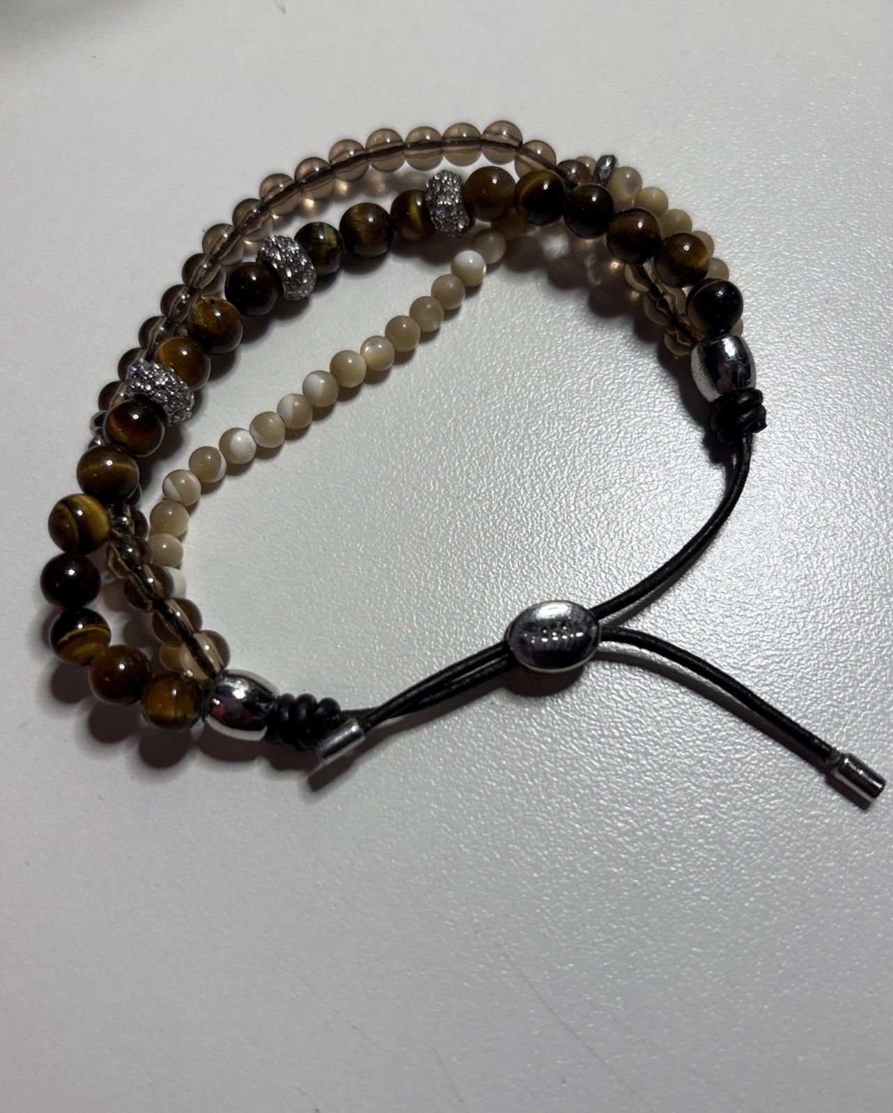 Fossil Brand Tigers Eye Three Strand Beaded Slide Closure Bracelet
