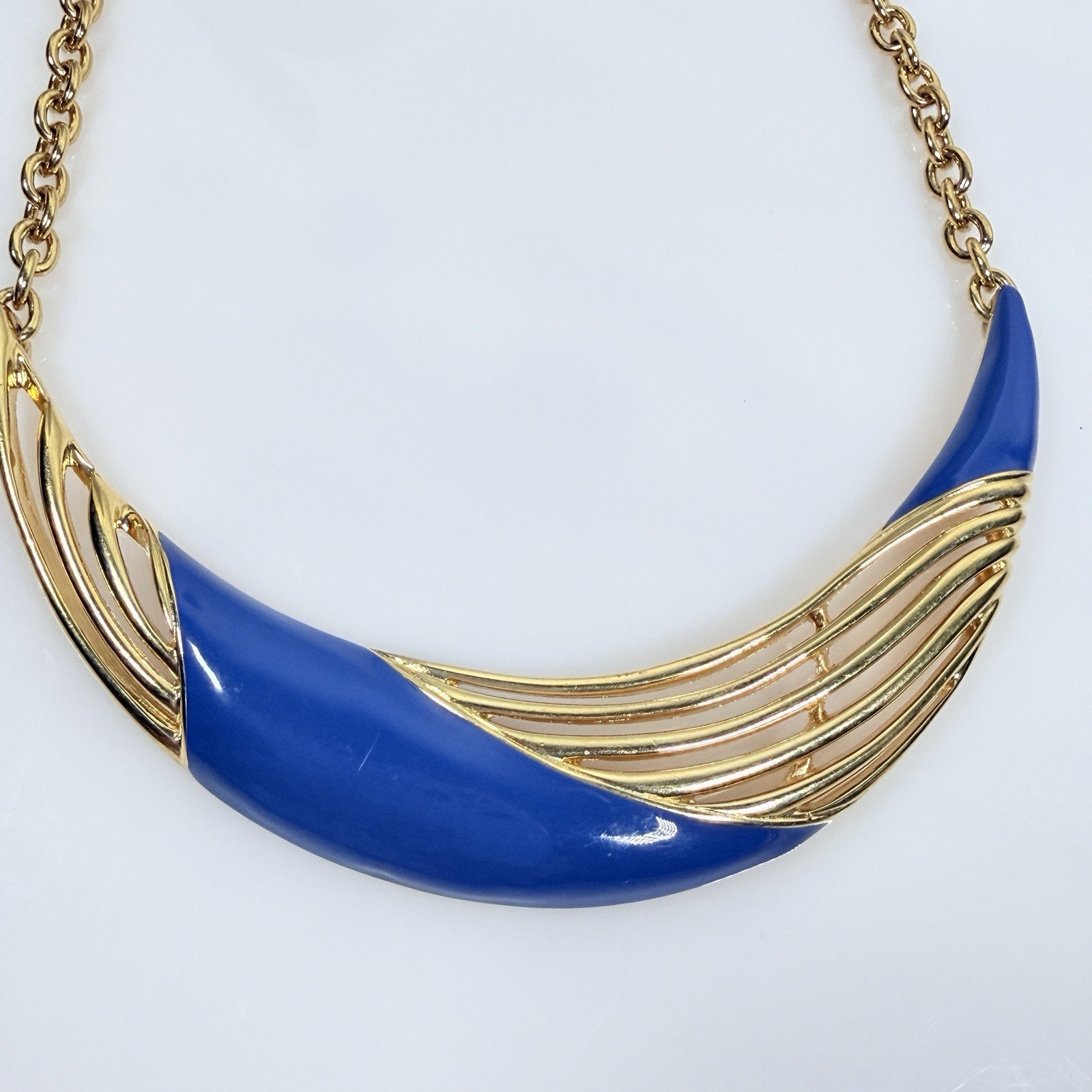 Vintage MONET Necklace Gold Tone Blue Enamel Geometric Collar Statement 17″