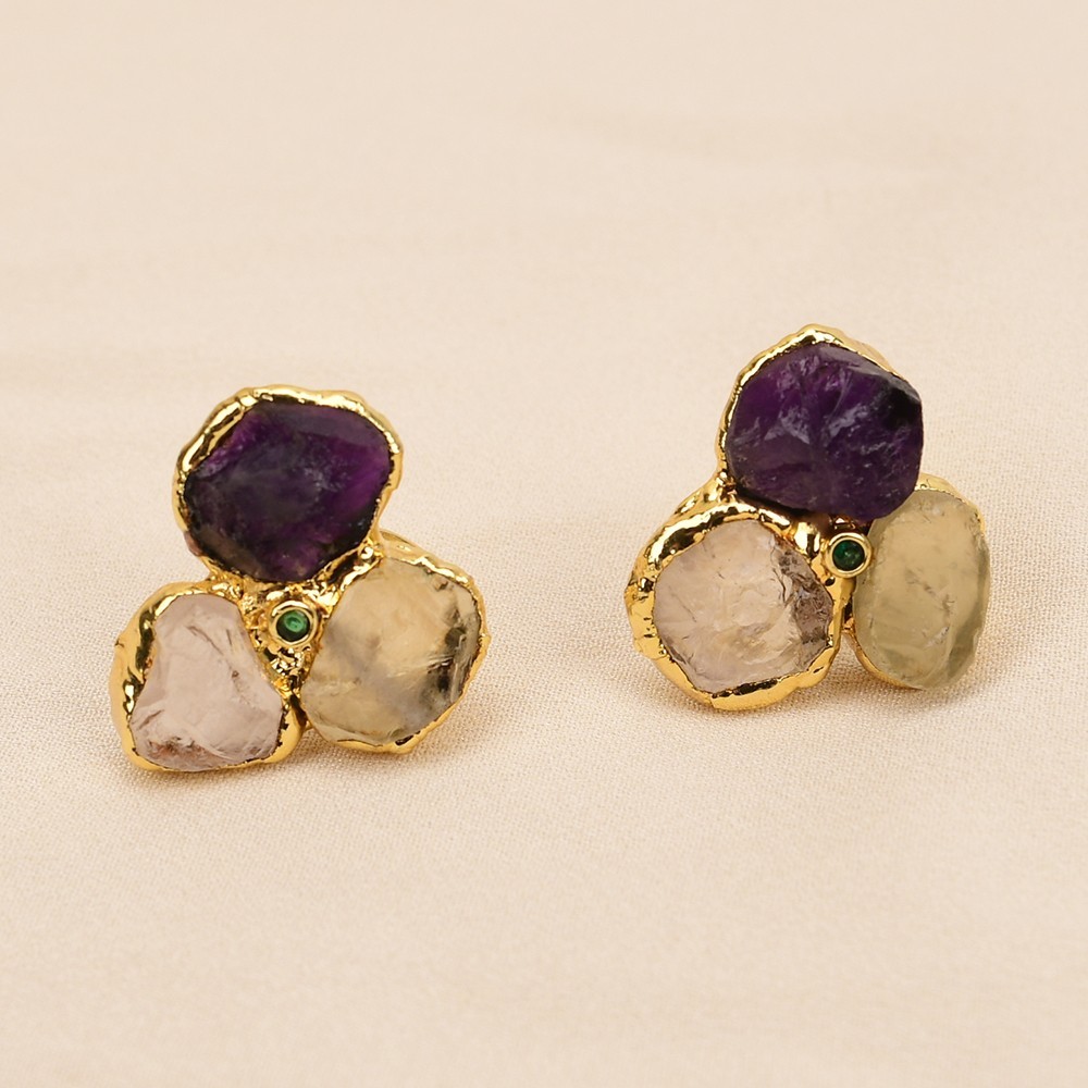 Natural Purple Amethyst Quartz Yelllow Citrine Gold Plated Rings For Women