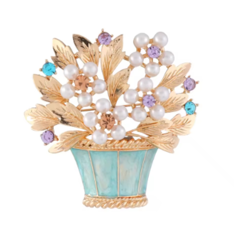 Vintage Easter Spring Flower Basket Brooch Sparkling Rhinestone Pin Jewelry Gift