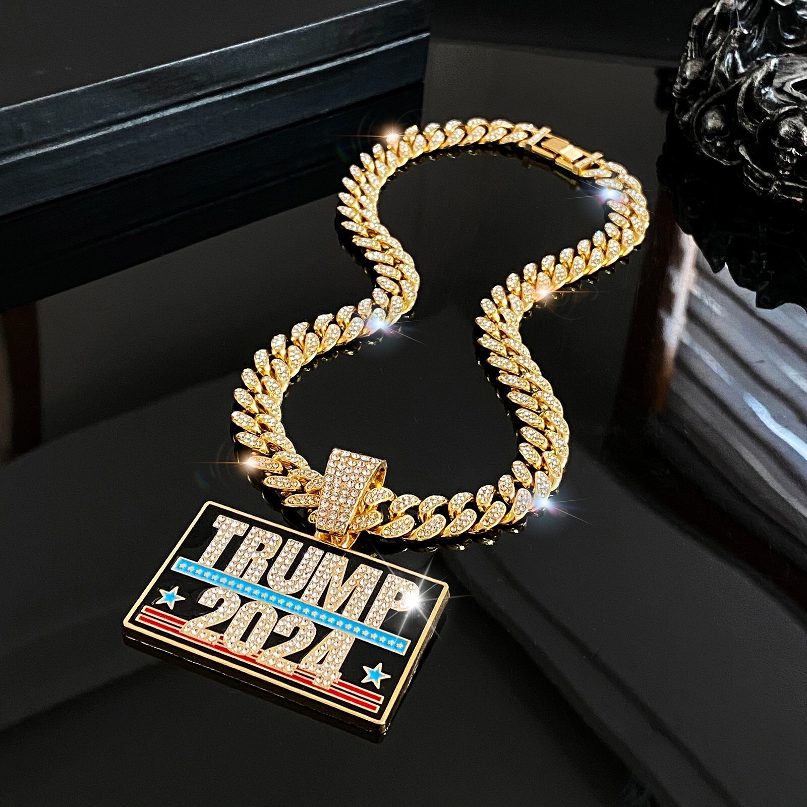 Trump 2024 GEM NECKLACE Gold/Silver Bling Hip Hop Pendant & 24” Chain MAGA