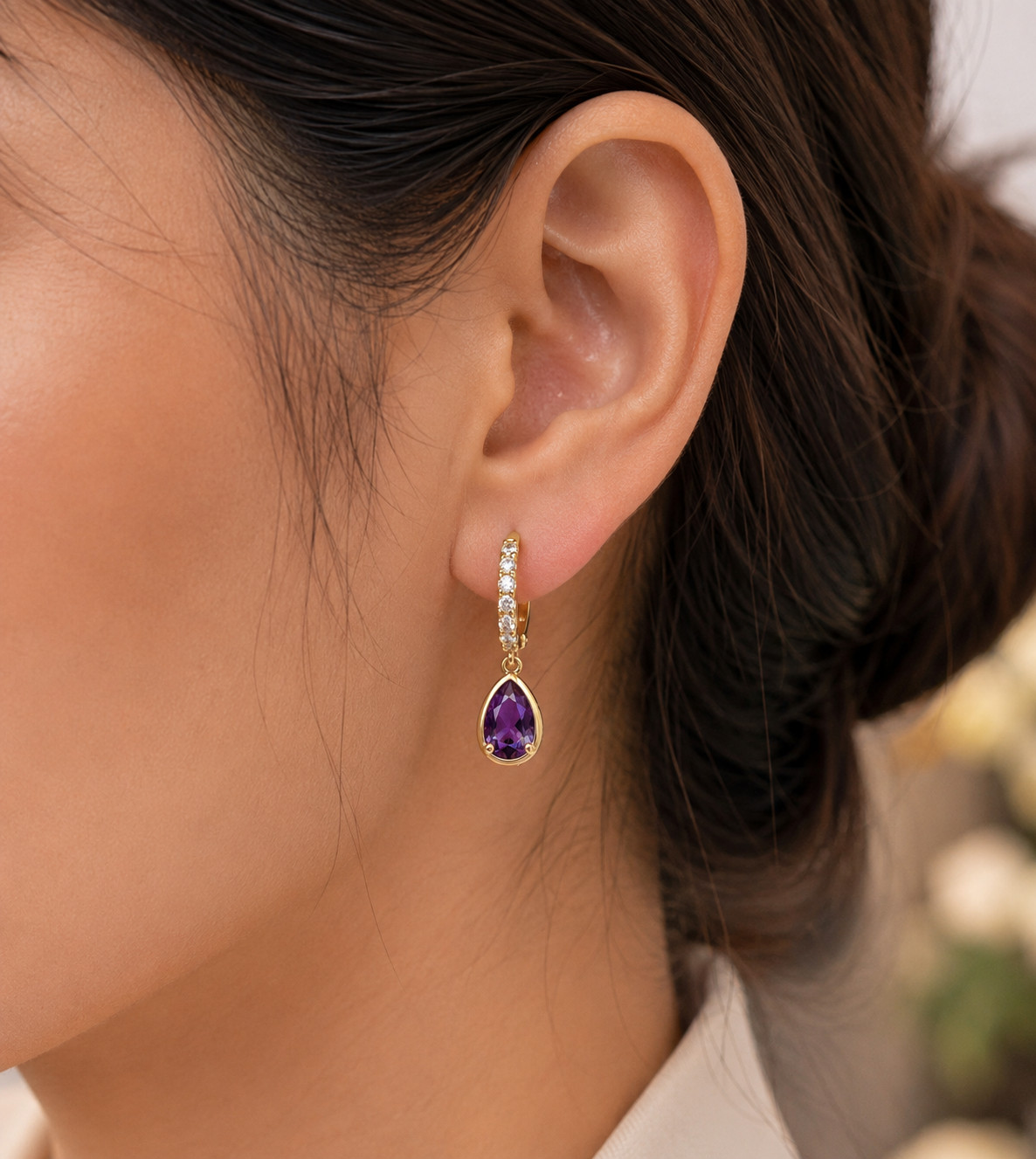 2Ct Pear Cut Simulated Amethyst Engagement Hoop Earrings 14K Yellow Gold Plated