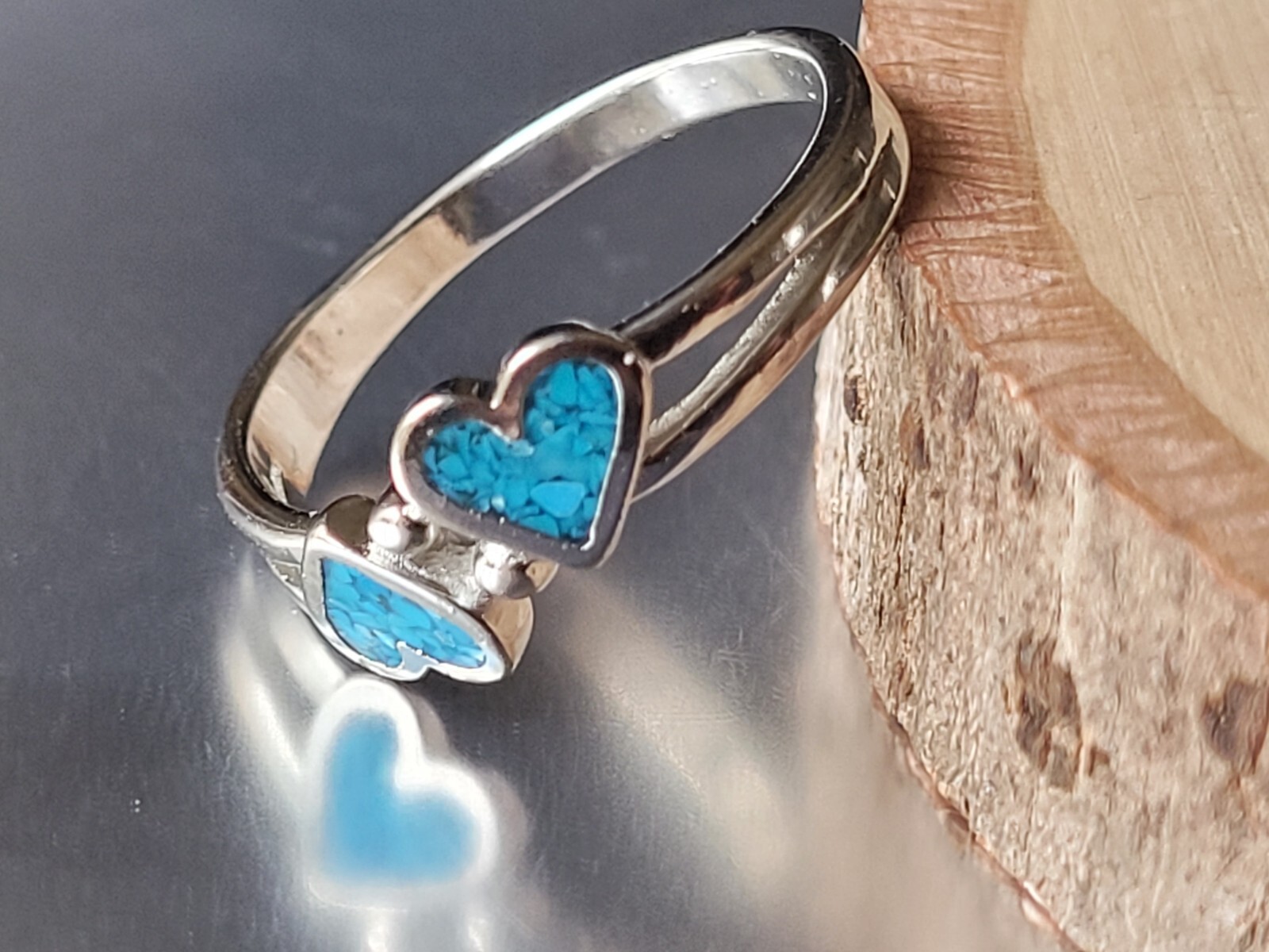 Silver Plated Genuine Turquoise Chip Inlay Ring Southwest Double Heart Band Ring