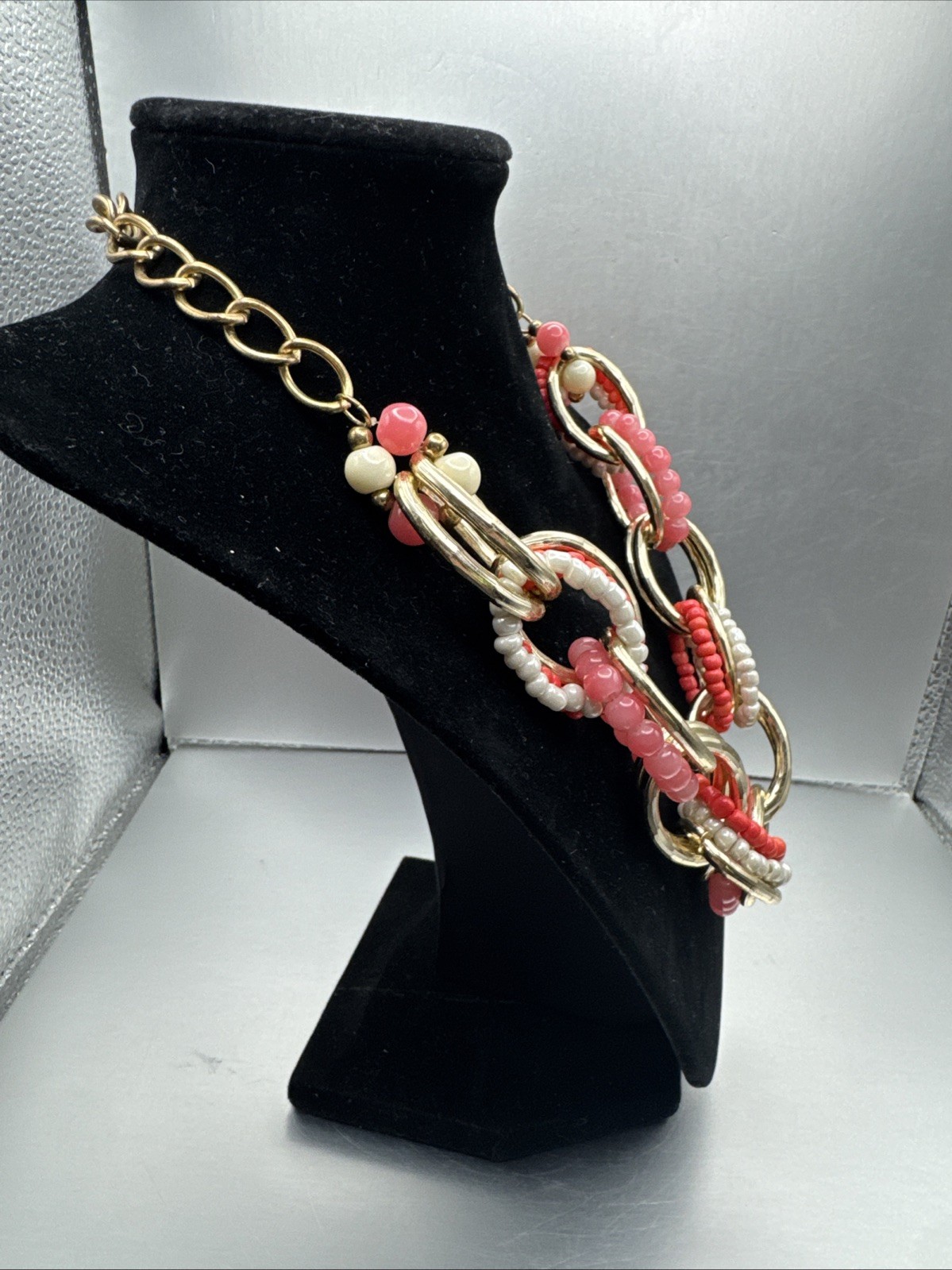Gold Tone Pink White Beaded Chain Link Necklace Woman Fashion (D4)