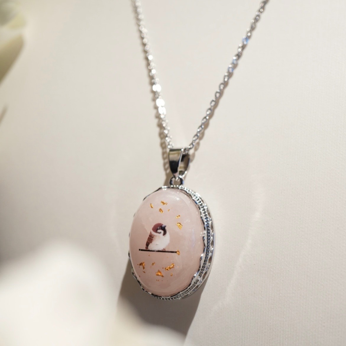 Rose Quartz Sparrow Necklace with Kanazawa Gold Leaf – October Birthstone, Japan