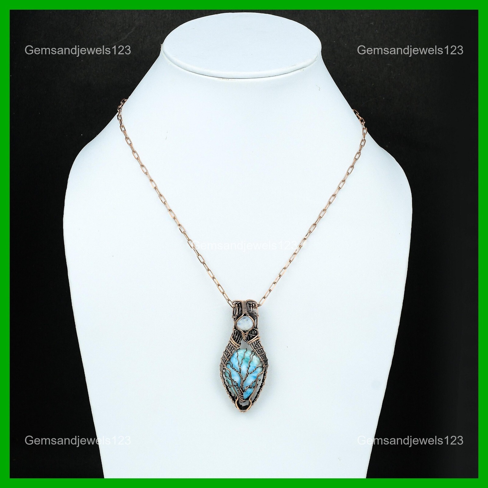 Pear Larimar Stone Rainbow Moonstone Birthday Wire Wrap Pendant Jewelry Copper