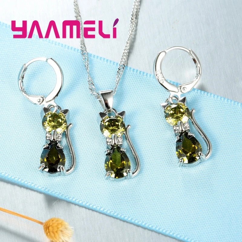 Silver Color Cat Pendant Necklace and Huggie Earrings Jewelry Set for Women Girl