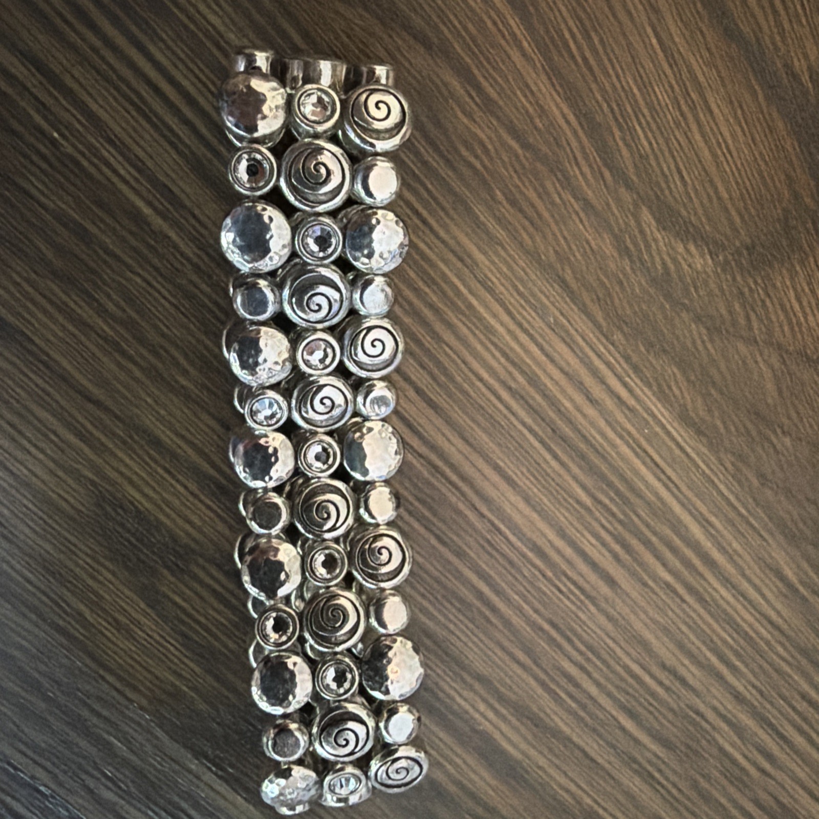 Brighton Joliet Stretch Silver Plate Bracelet 3 Rows Round Beads White Crystals