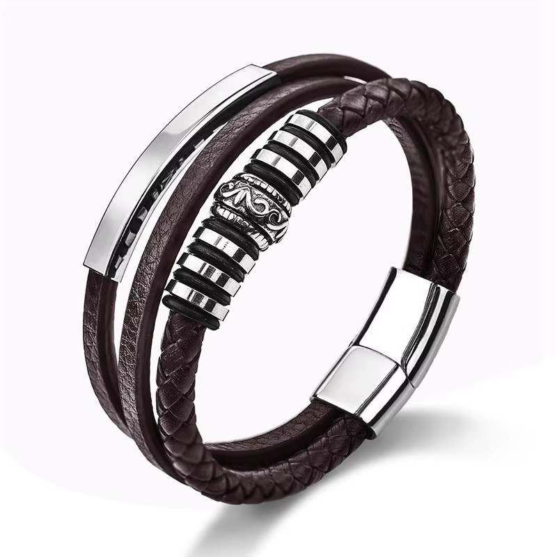 18cm 20cm 22cm Trendy Leather Stainless Steel Multilayer Braided Gift Men’s Wear