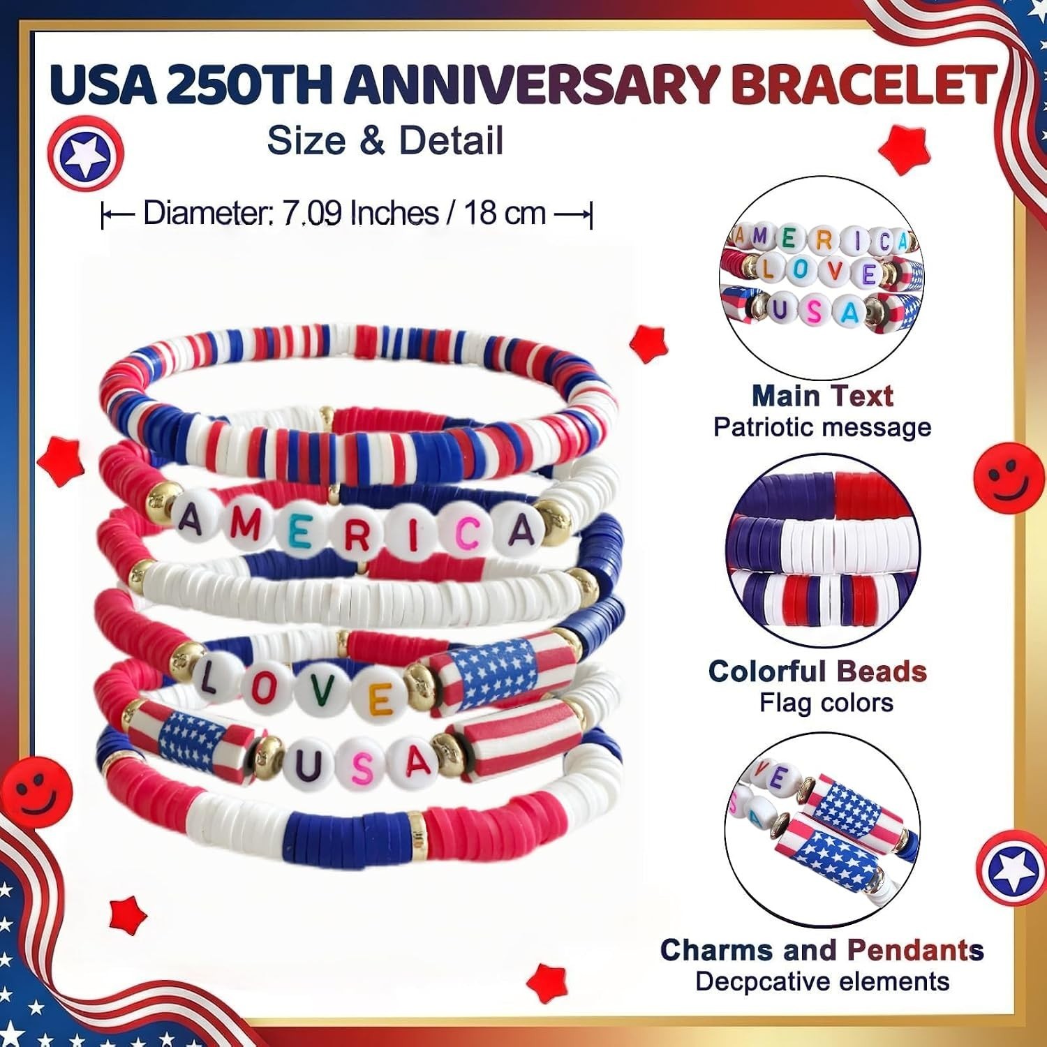 4th of July Bracelets American Flag Red White Blue Patriotic Jewelry