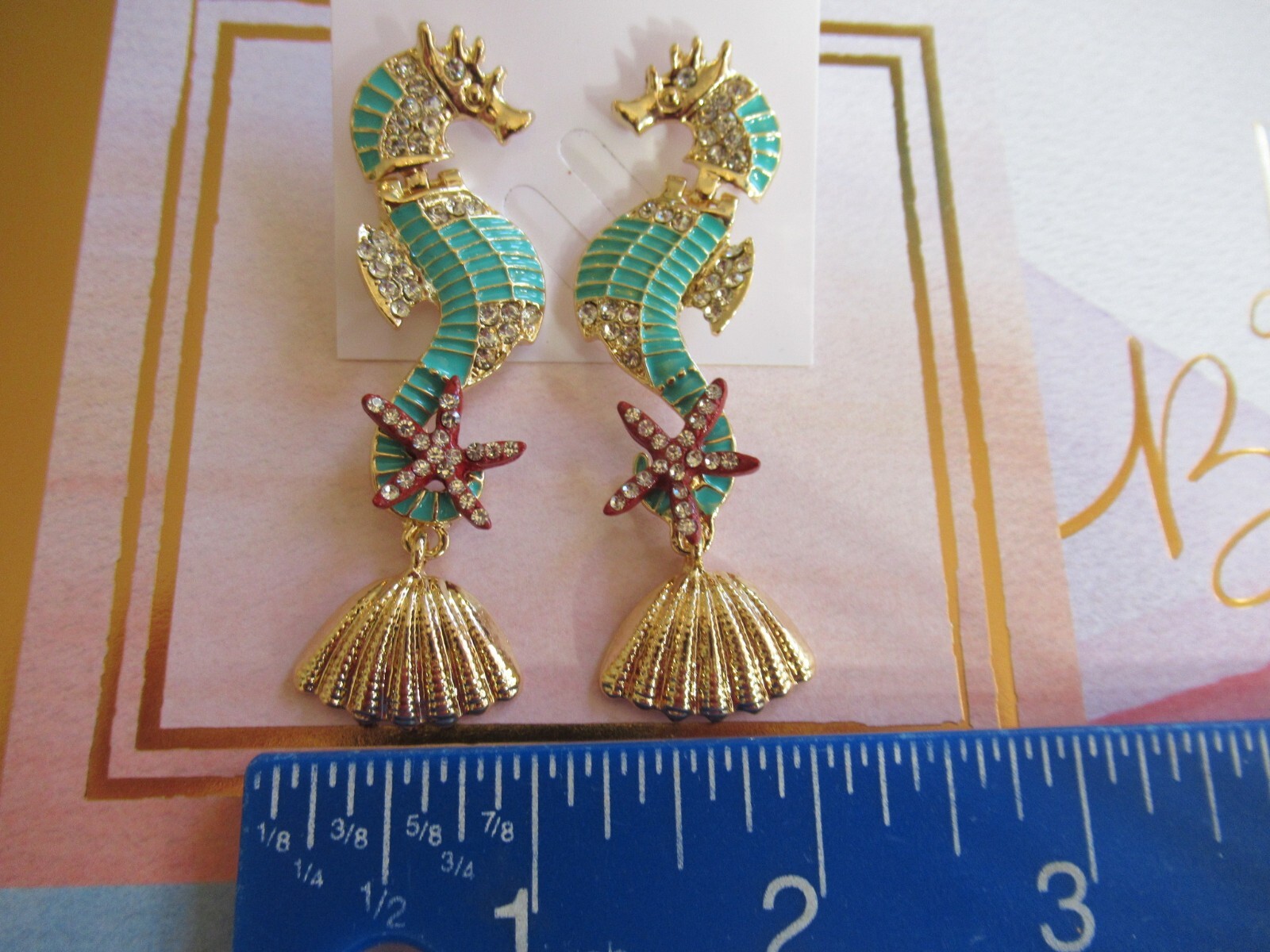 Dangling Multicolor Seahorse Starfish Shells Green Seahorse Crystal Earrings NWT