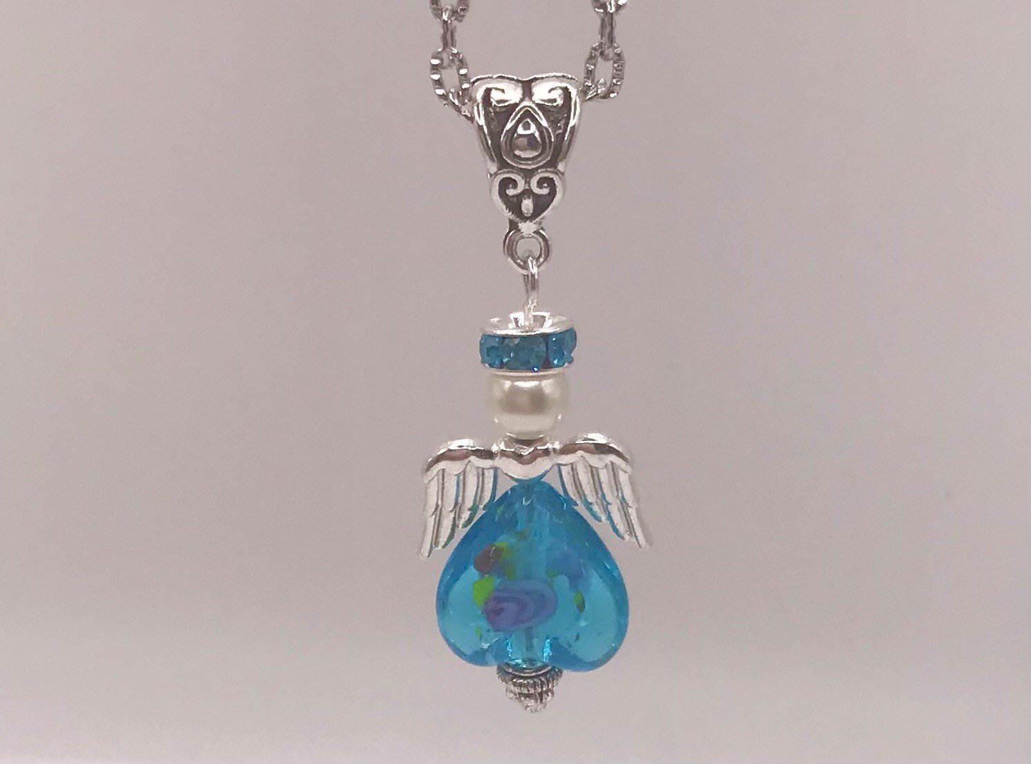 Handmade Angel w/Wings Blue Pink Heart Blue Rhinestone Pendant Necklace w/chain