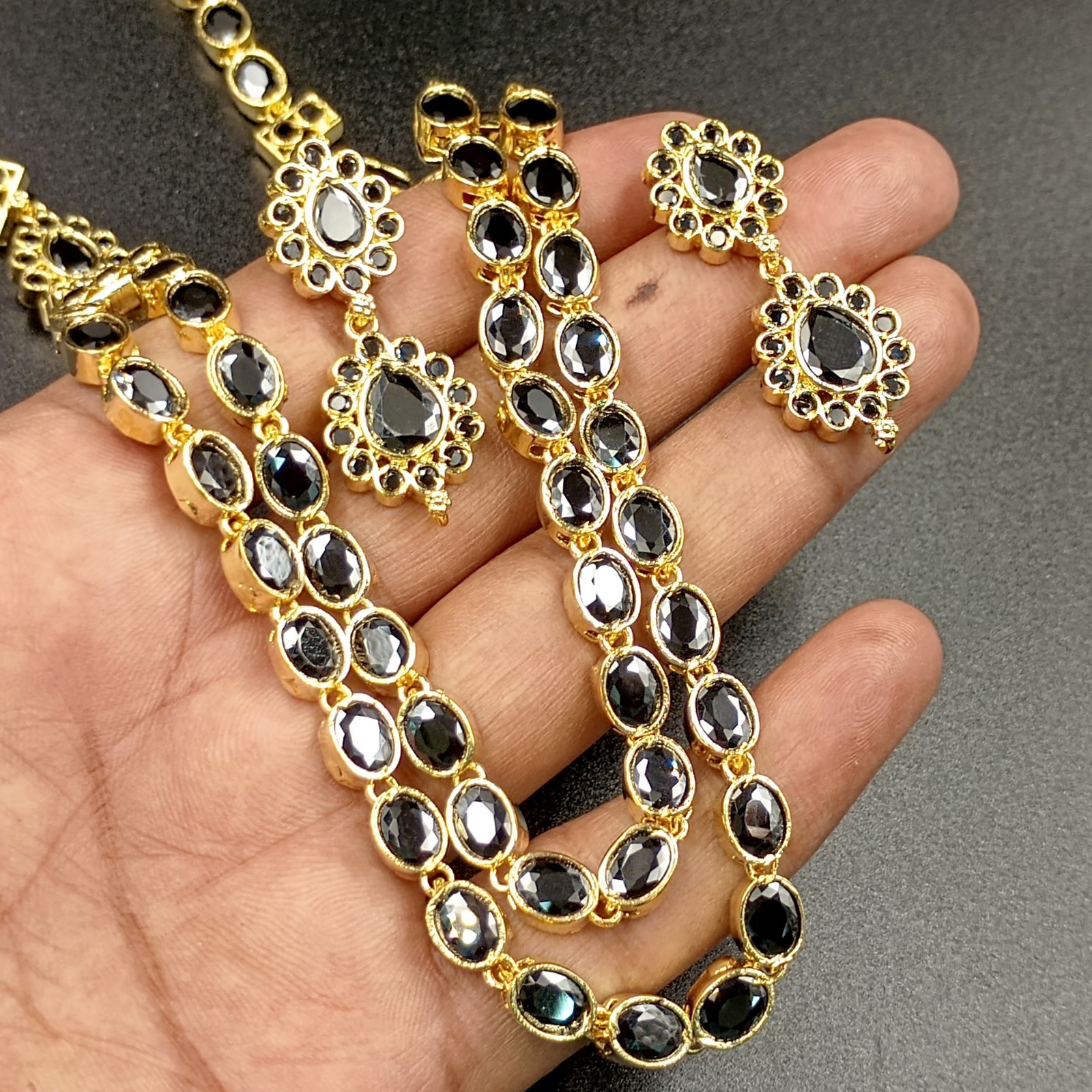 Boho 2 Layer Black Onyx Bead Necklace Set 22K Yellow Gold Plated Oval Stone Set