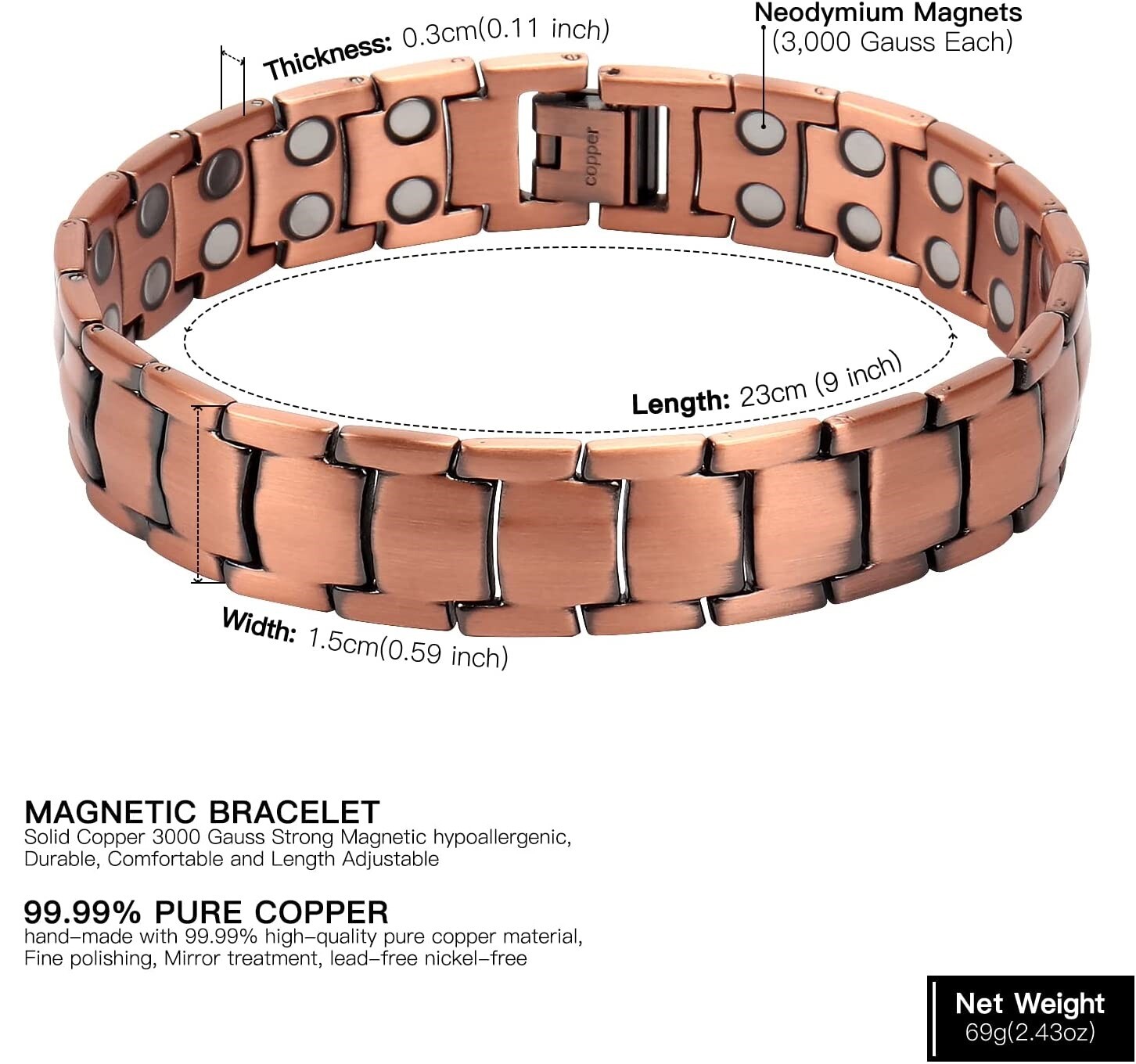 Men’s Bracelet Magnetic Therapy Arthritis Pain Relief Pure Solid Copper Bangle