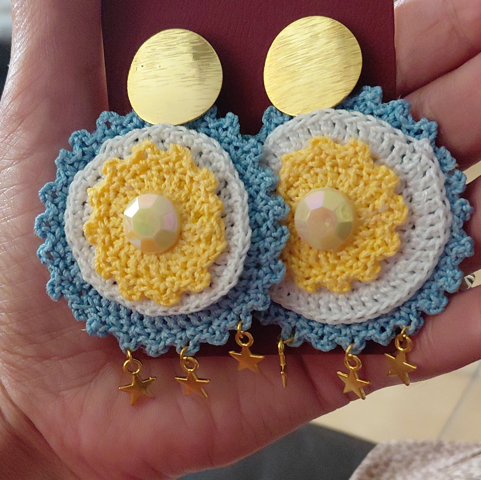 Crochet Flower Dangle/Drop Earrings Blue White Yellow Butterfly Back