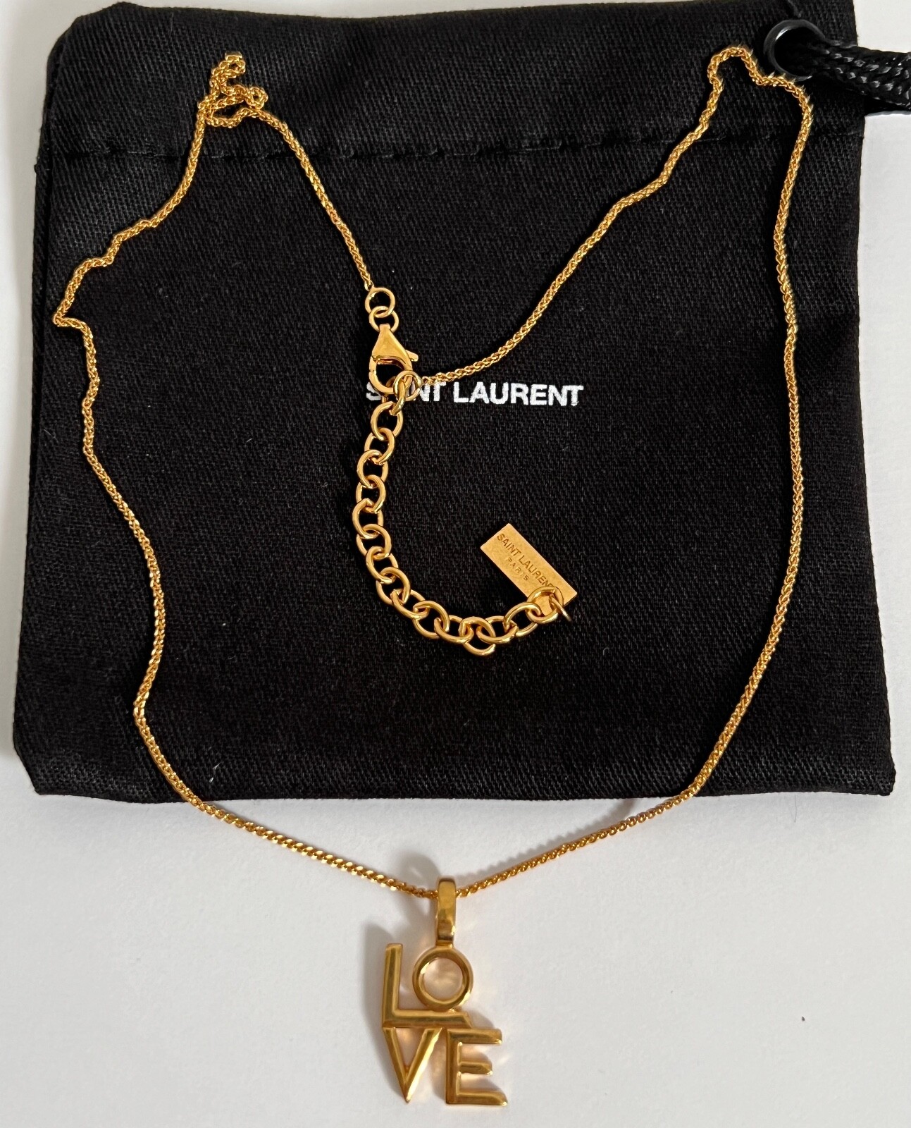 NIB Saint Laurent YSL LOVE Charm Antique Gold Brass Pendant Chain Necklace $650