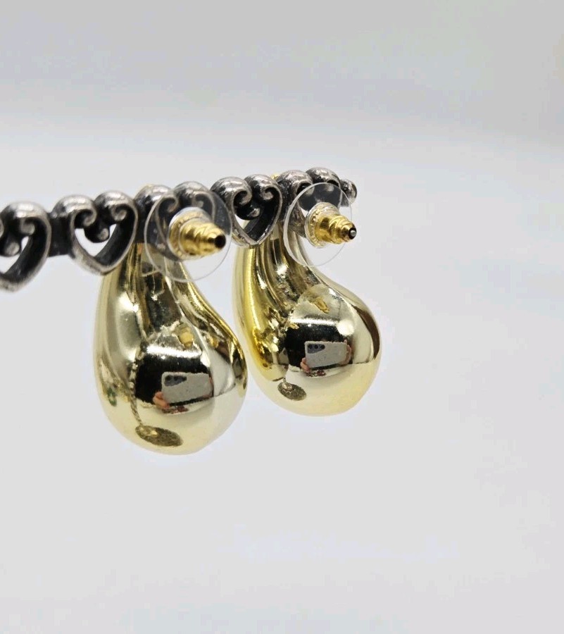 Teardrop Earrings Yellow Gold Plated Hollow Chunky Push Back Post 1.25 in
