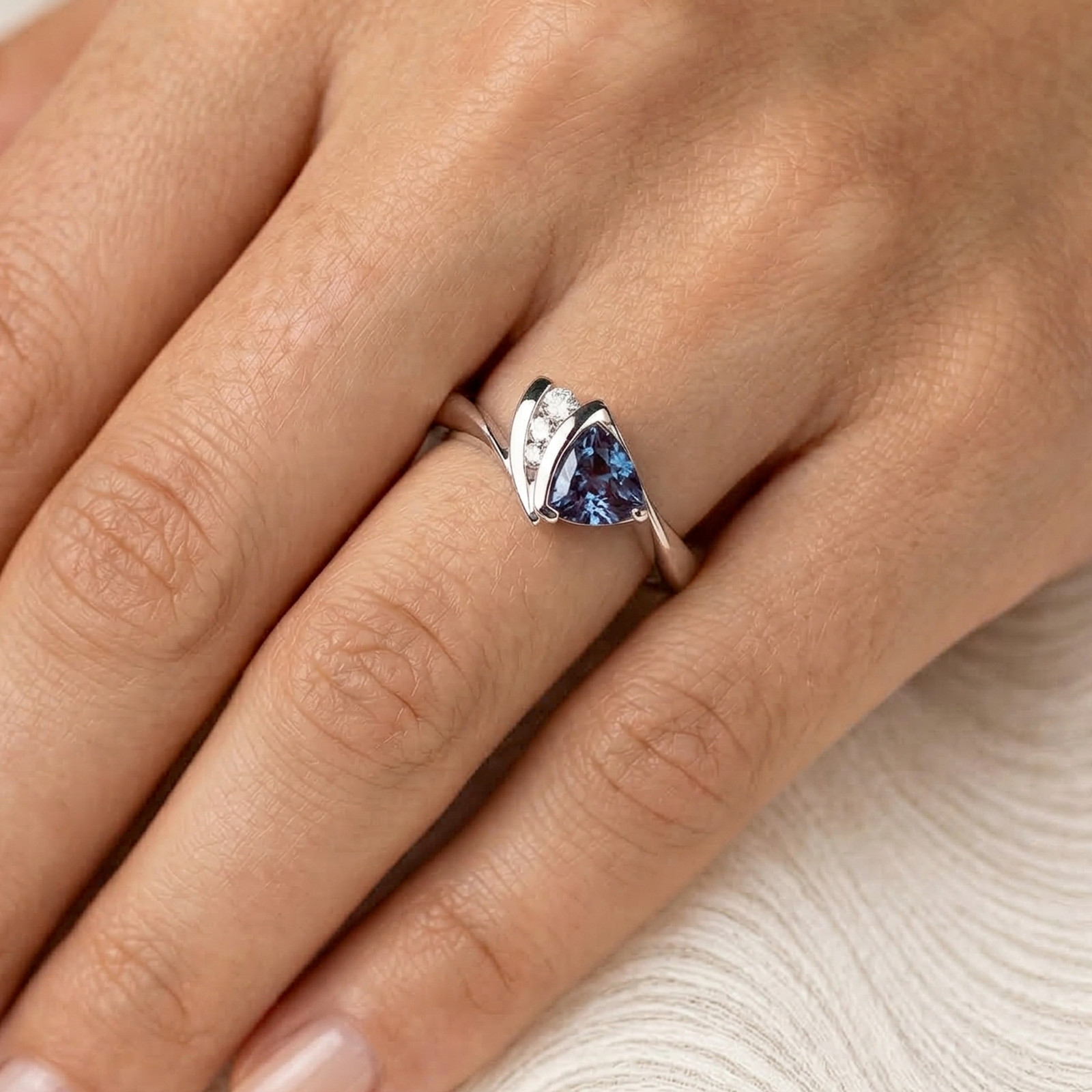 925 Sterling Silver Trillion Cut Alexandrite & CZ Accents Ring, June Birthstone