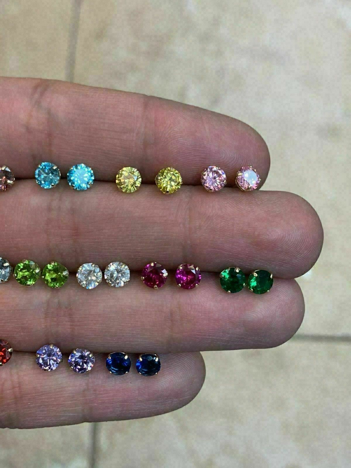 14k Yellow Gold Birthstone Earrings 4mm Basket Round Stud Cubic Zirconia – 14k