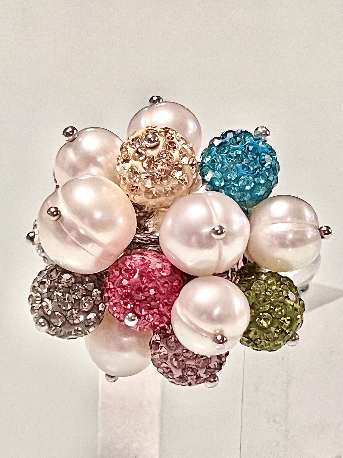 ROSS SIMONS~925 STERLING SILVER~PEARLS W COLORED CRYSTAL BALL RING~SZ 7.25~15.7G