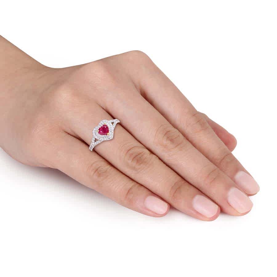 AMOUR Heart Shape Ruby and 2/5 CT TW Diamond Double Halo Ring In 14K White Gold