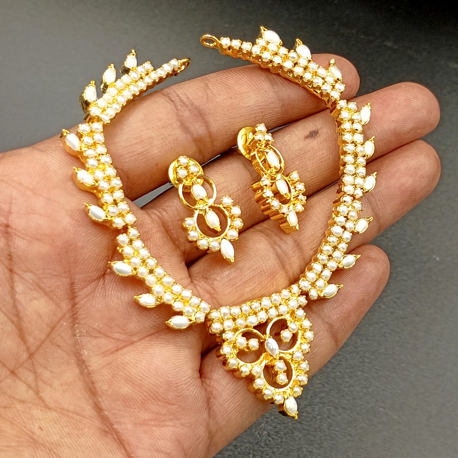 22K Gold Plated Pearl Necklace Set Traditional Indian Wedding Jewelry For women