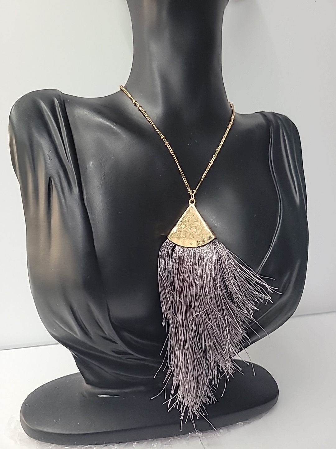 Vintage Gold Tone Hammered Fan Pendant Gray Tassel Necklace Boho Fringe Jewelry