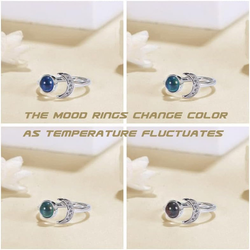 925 Sterling Silver Mood Ring Moon Star Open Adjustable Rings for Women 18K Whit