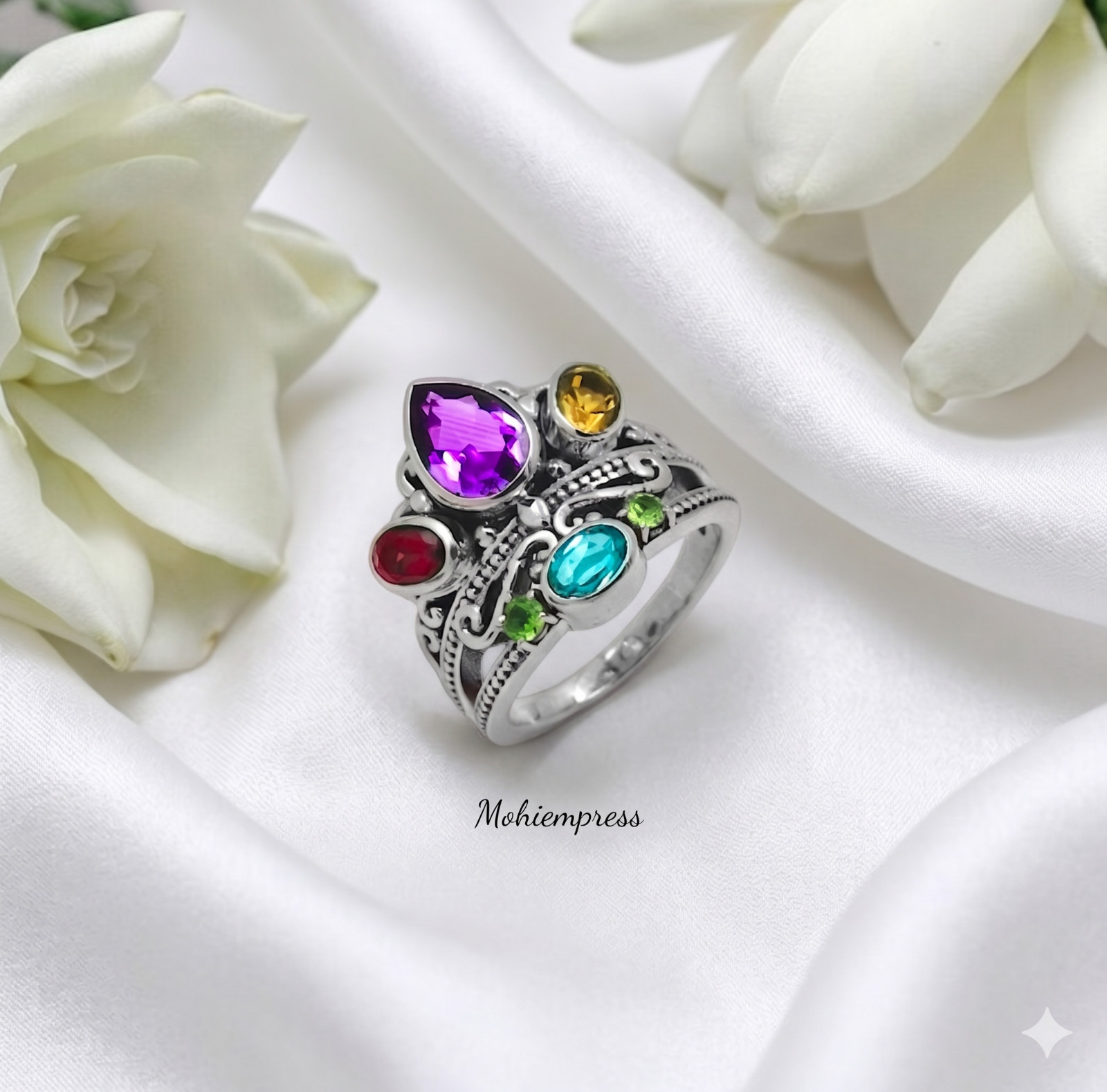 Multi Gemstone Statement Ring 925 Sterling Silver, Vintage Crown Ring