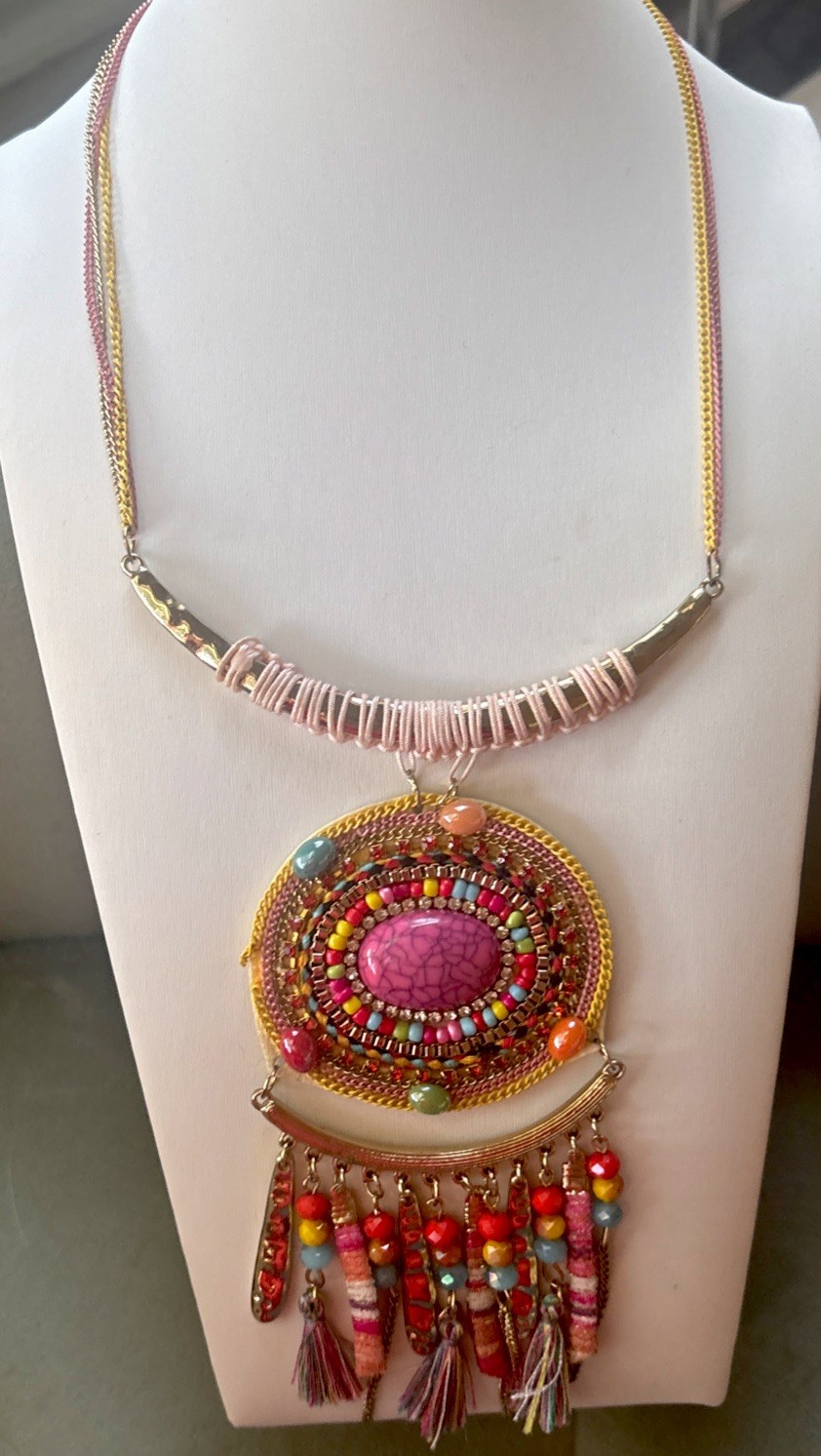Boho Southwest Tassel Statement Necklace Colorful Beaded Bib Summer Color