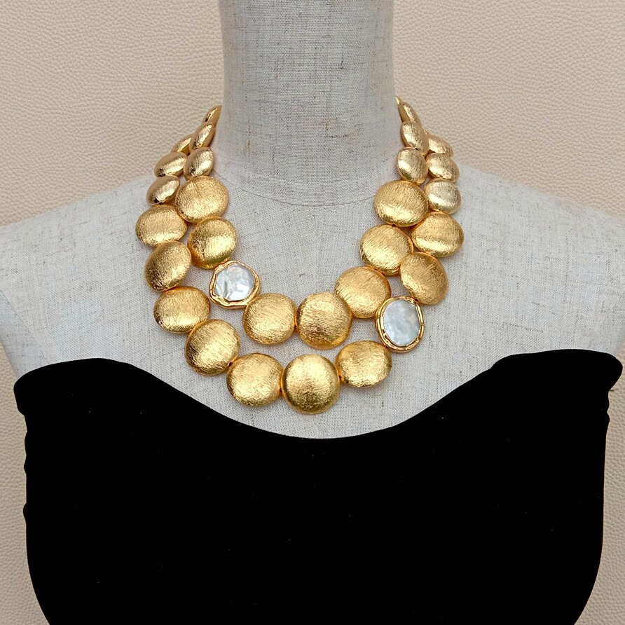 18″ 2 Rows Gold Plated Brushed Coin Bead Cultured White Coin Pearl Necklace
