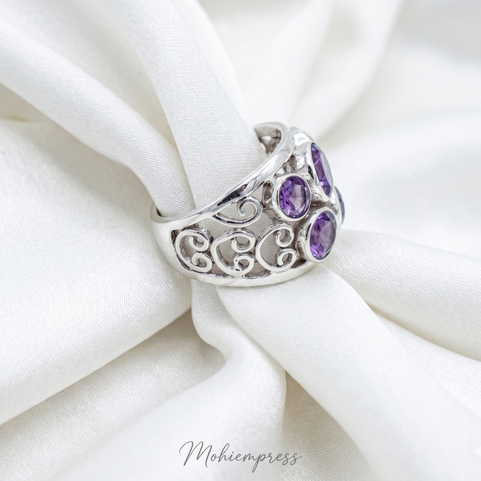 925 Sterling Silver Multi-Stone Natural Amethyst Statement Ring