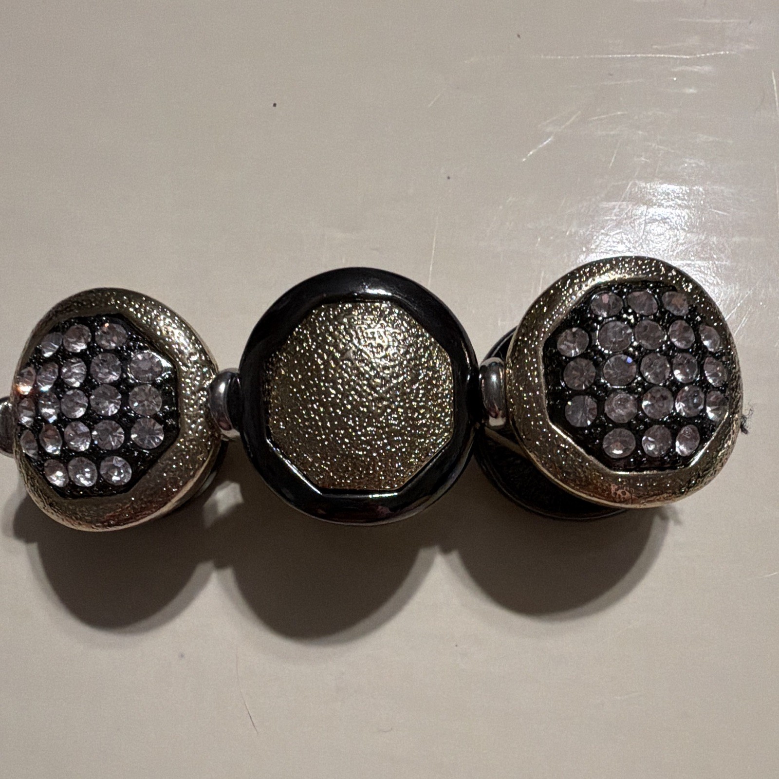 Black Gold Tone Stretch Beaded Bracelet Round White Crystal Rhinestone Discs