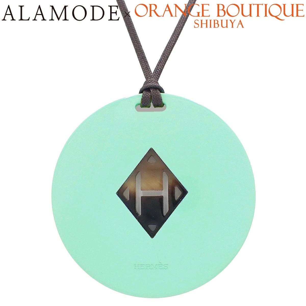 Hermes H Logo Pendant Buffalo Horn Necklace Accessory Jewelry Brown Tea Turquois