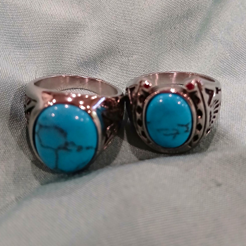 Silver Tone Signet Ring Size 8 Bezel Set Oval Blue Turquoise Stone