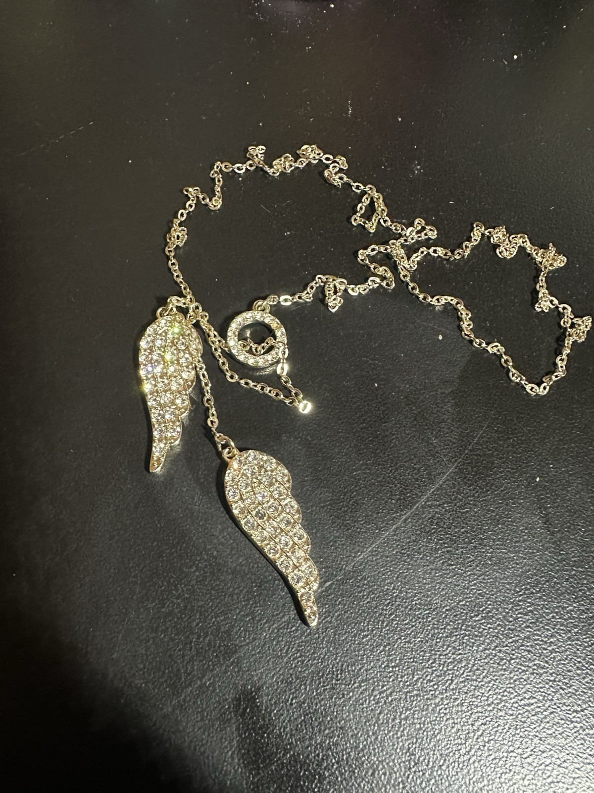 Lot of 2 Crystal Rhinestone Angel Wing Pendant Necklaces, Silver & Gold Tone