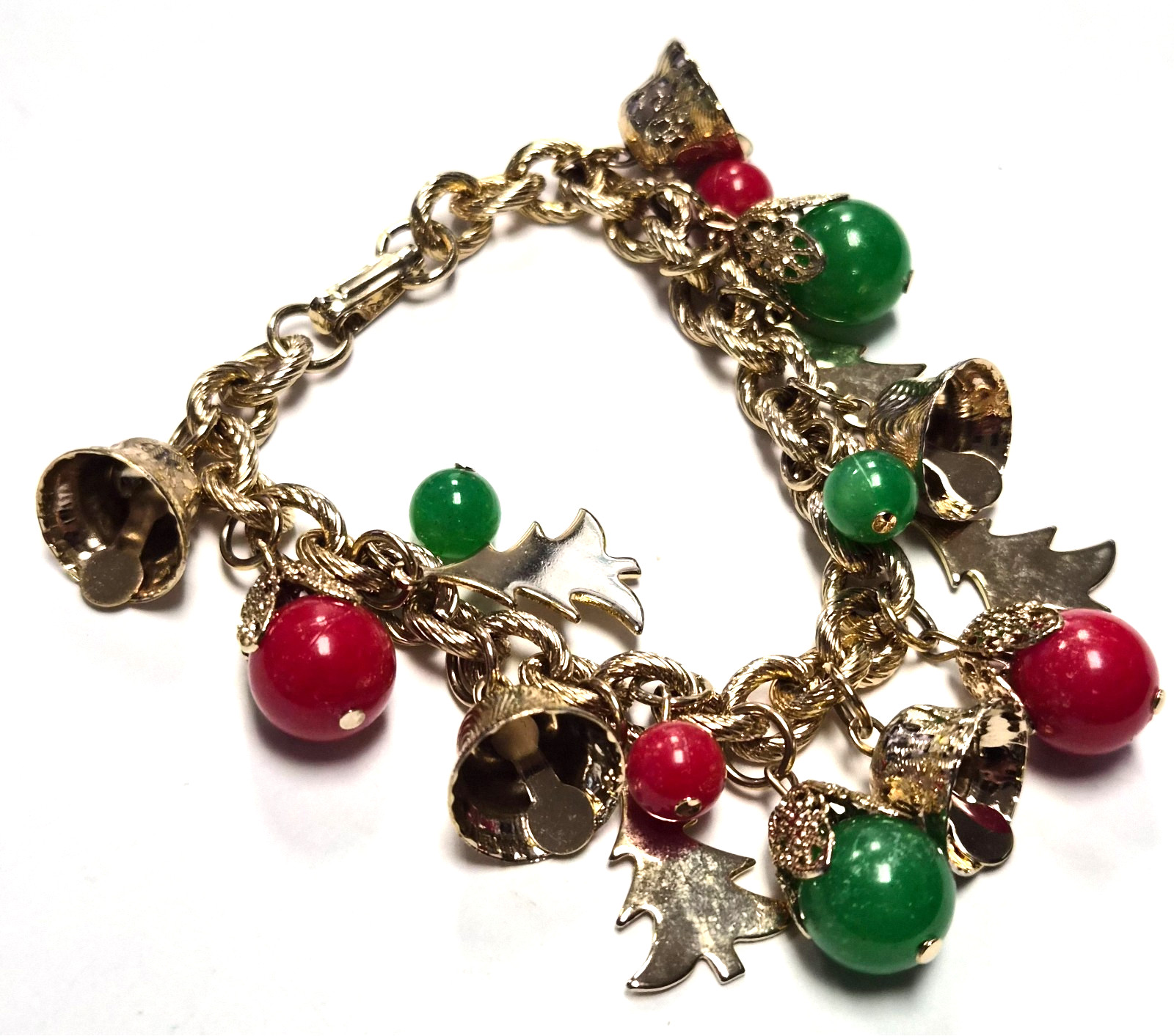 Vintage 70’s Christmas Holiday Bells Charm Dangle Red & Green Link 6.5″ Bracelet