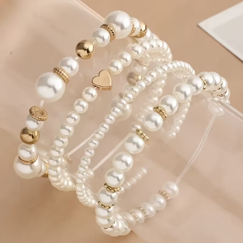 Set of 4 Imitation Crystal and Pearl Beaded Elastic Bracelets 7-8 inch