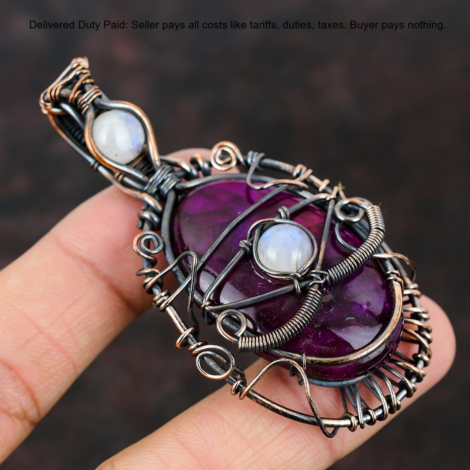 Pink Fire Labradorite Gemstone Rainbow Moonstone Copper Evil Eye Wedding Pendant