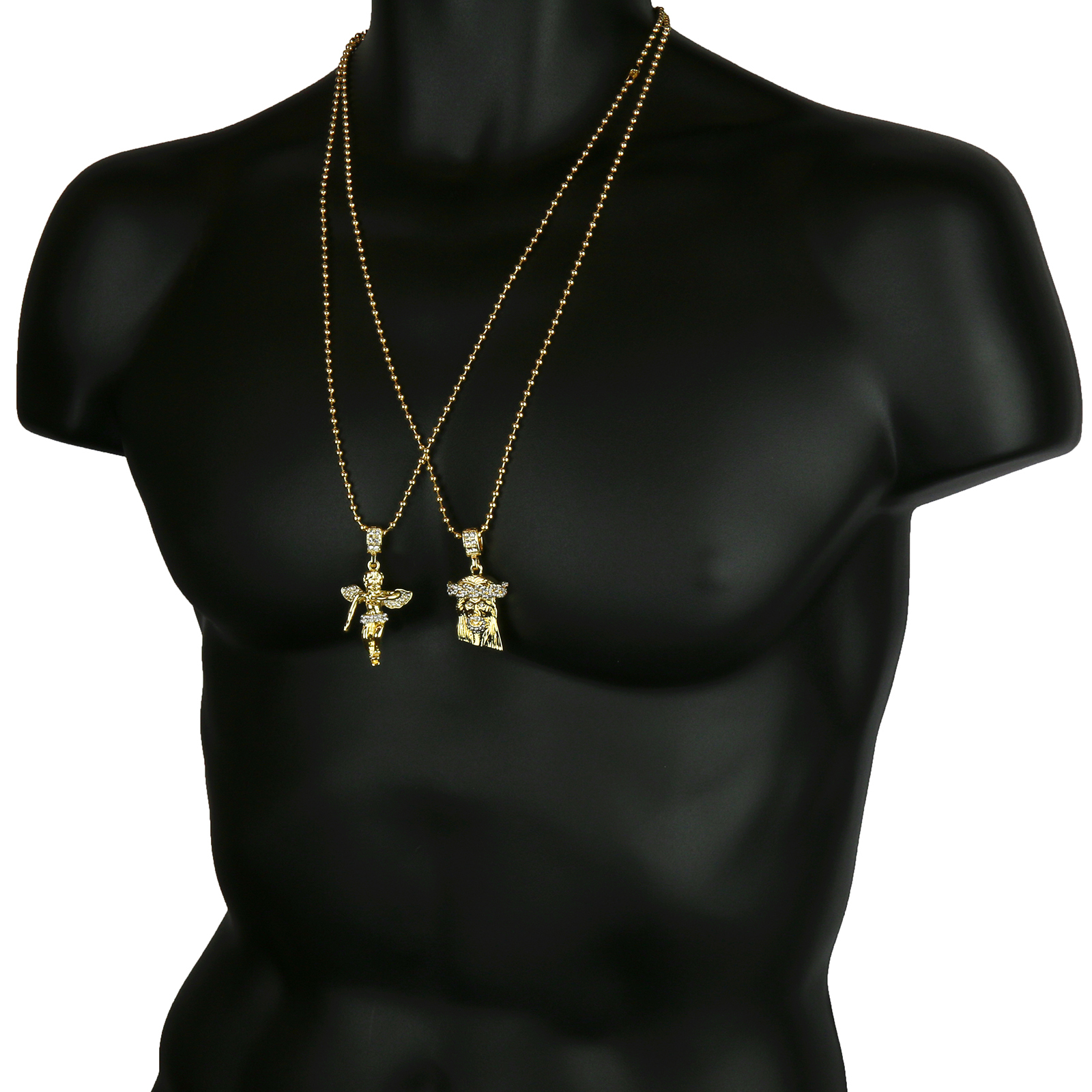 Mens Gold Plated Jesus Angel Piece Combo Set Cubic-Zirconia Pendant Chain