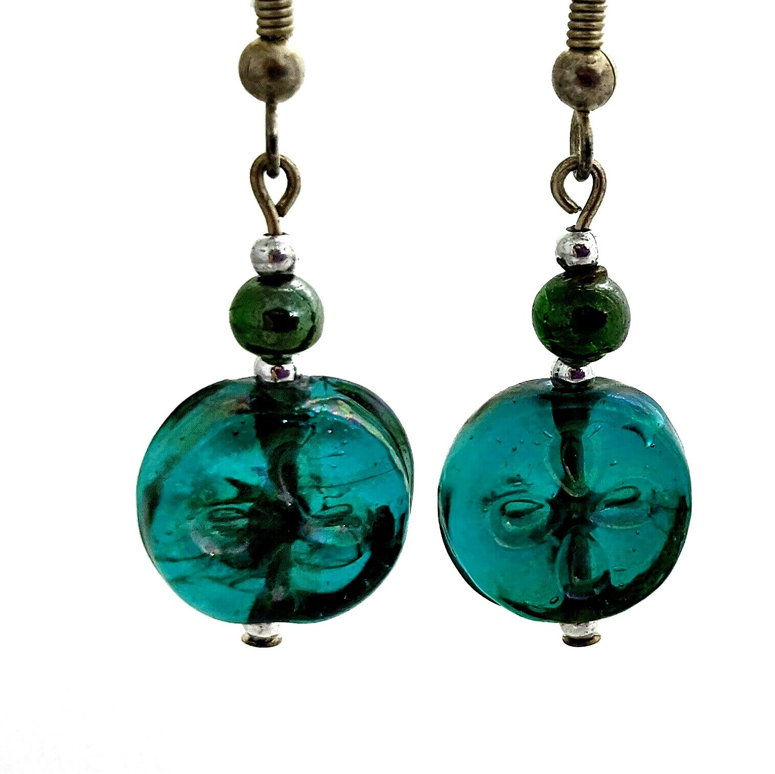 Blue Carnival Art Glass Earrings Small Flat Round Pierced Dangle Hooks