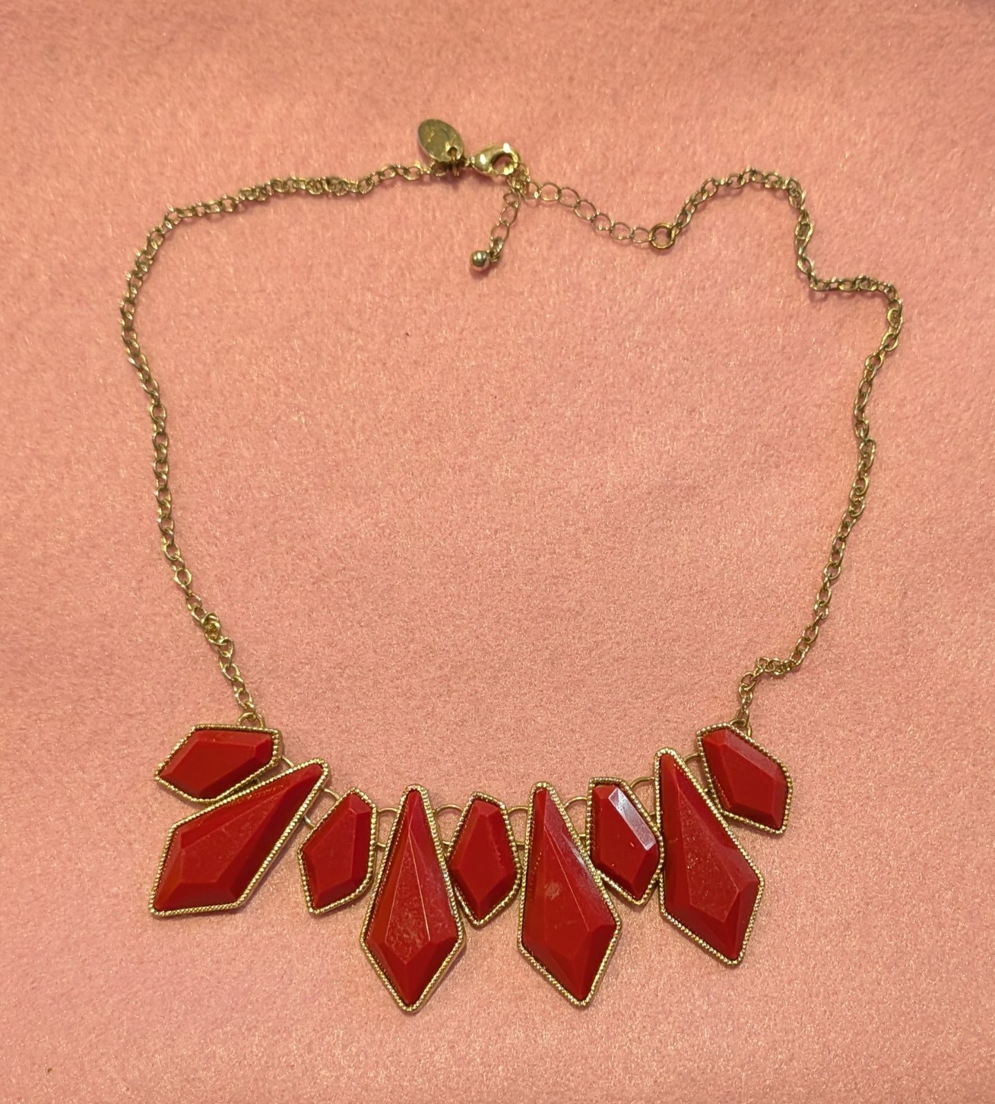 Gold Tone Red Enamel Geometric Bib Statement Necklace Adjustable Lobster Clasp
