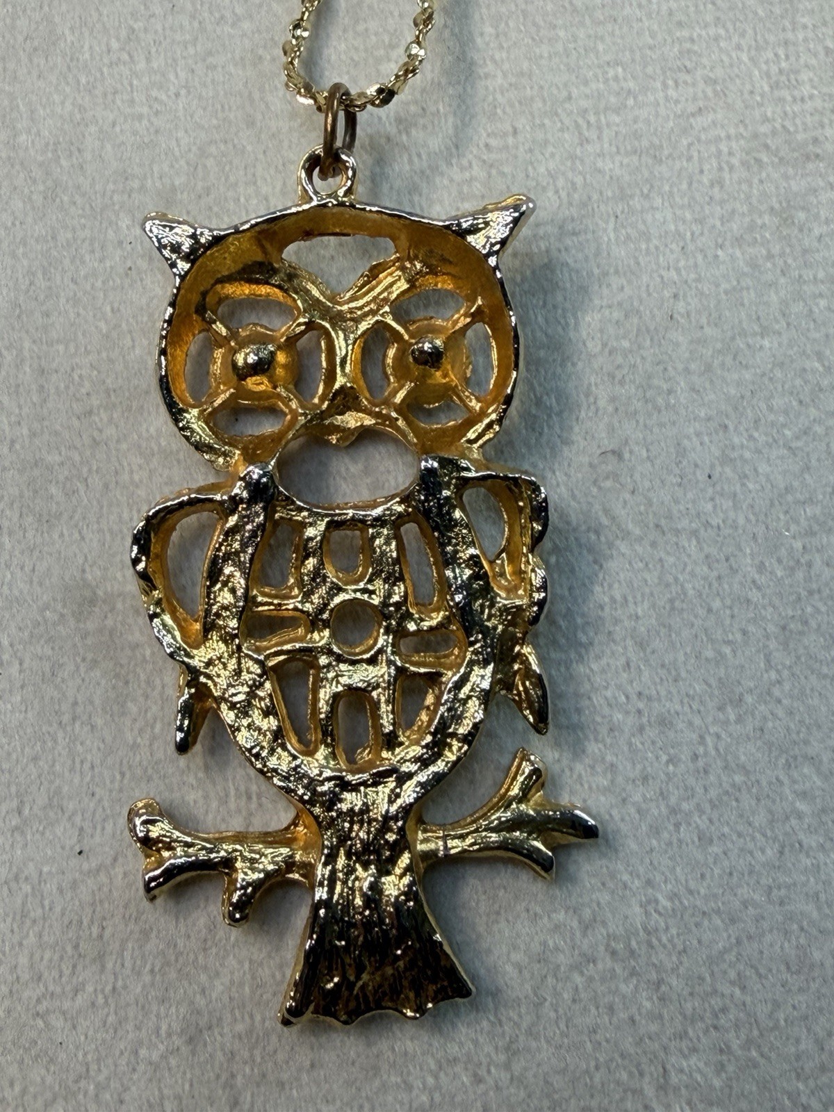 Gold Tone Owl Charm Pendant Necklace Blue Rhinestone Eyes 22in Adjustable