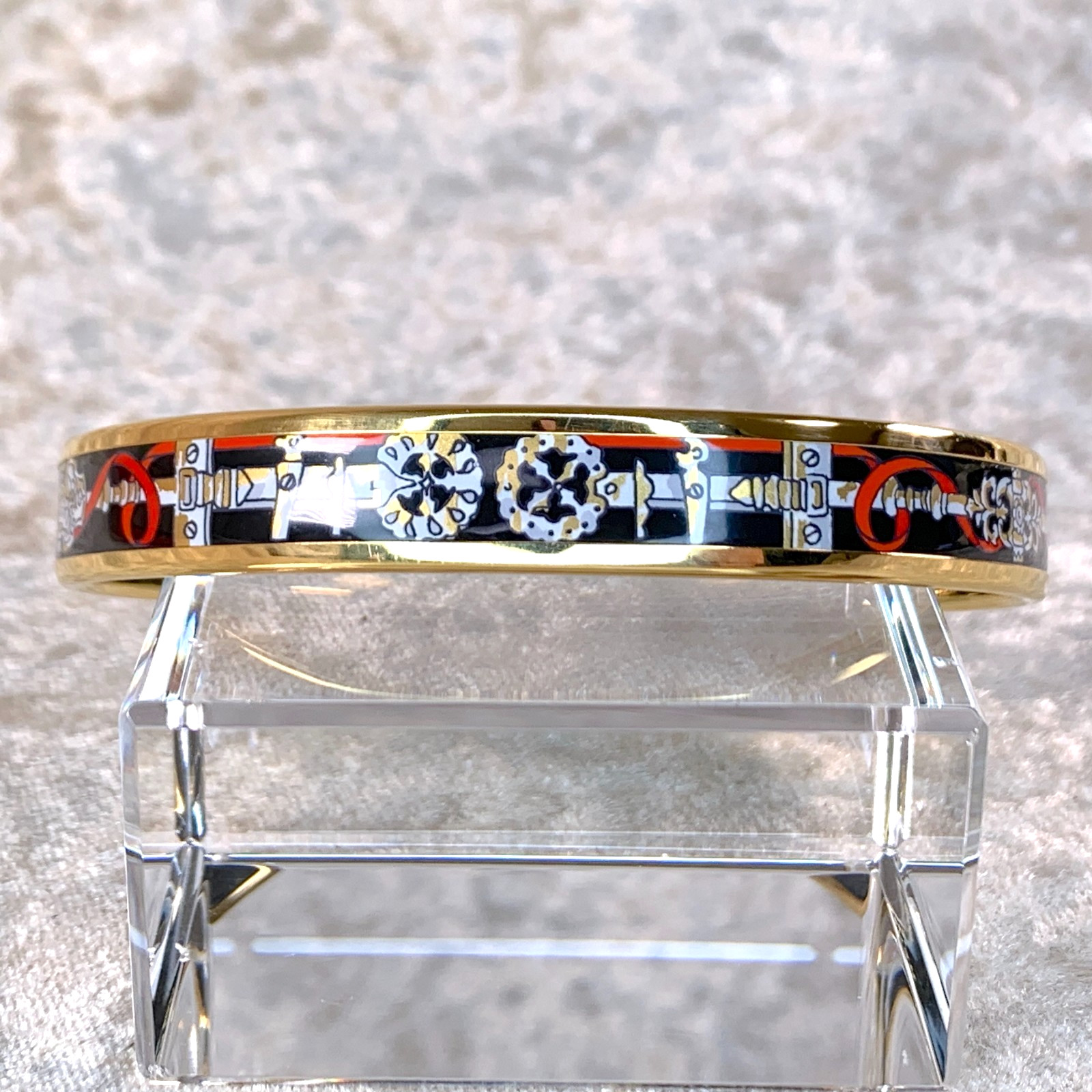 Vintage Hermes Bangle Bracelet Black Red Enamel Gold Rim Size 70 with Box