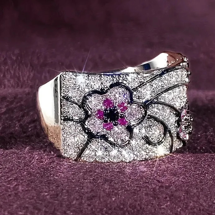 Elegant Pink Flower Cubic Zirconia Brass Ring for Women Fashion Jewelry