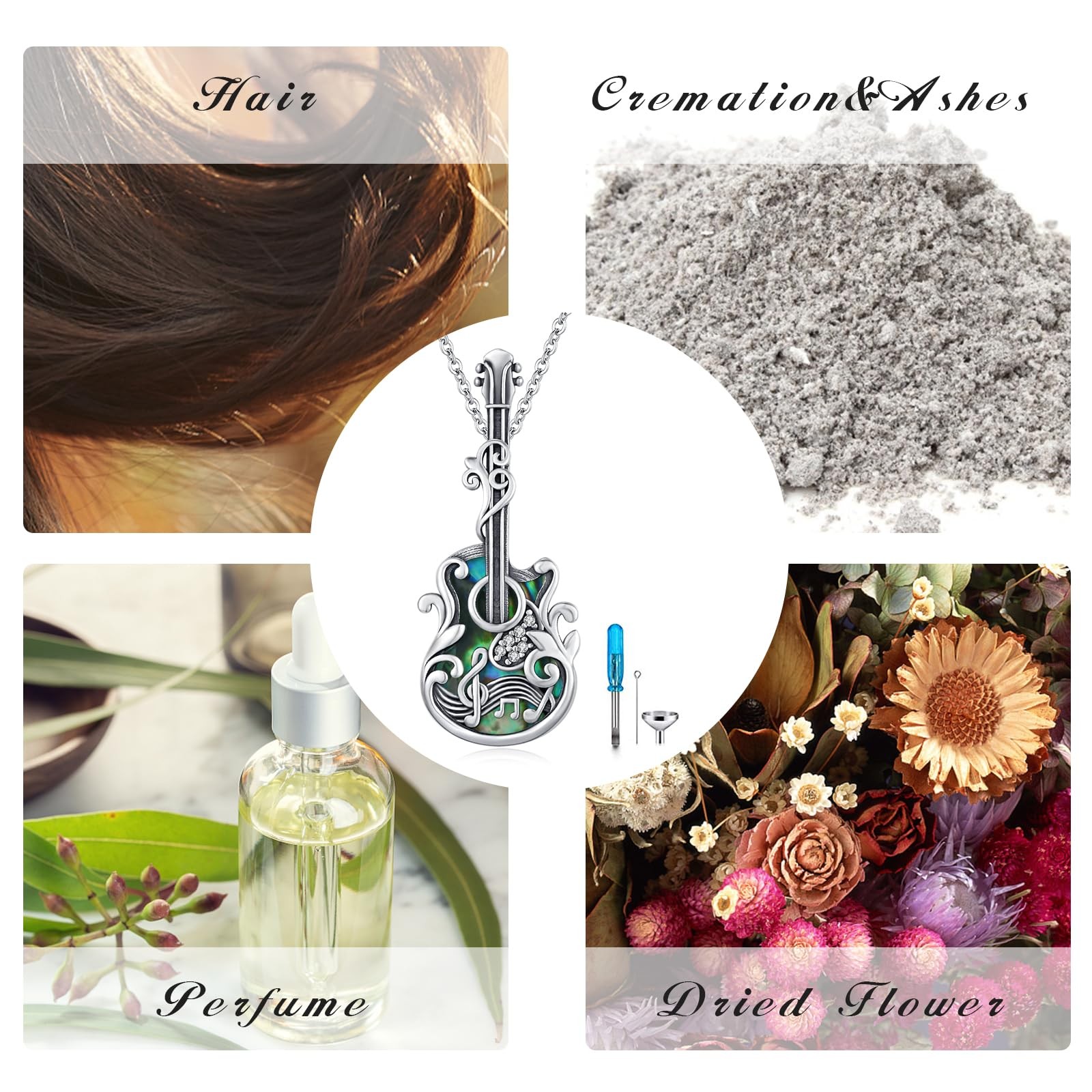 XIXLES Guitar Urn Necklace 925 Sterling Silver Guitar Cremation Pendants