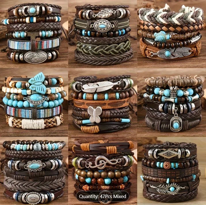 47Pcs Boho Faux Leather Bracelet Set Western Charm Wrap Stackable Men Women Lot
